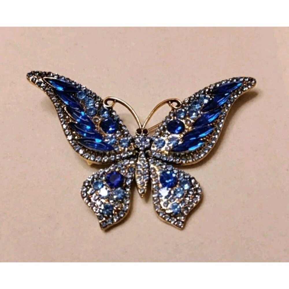 Blue Crystal & Rhinestone Butterfly Brooch Gold Tone